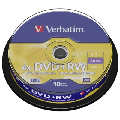 Verbatim 43488 DVD+RW Disc 4X Speed Rewritable Disc 4.7GB Matt Silver (Pack of 10 Cake Box)